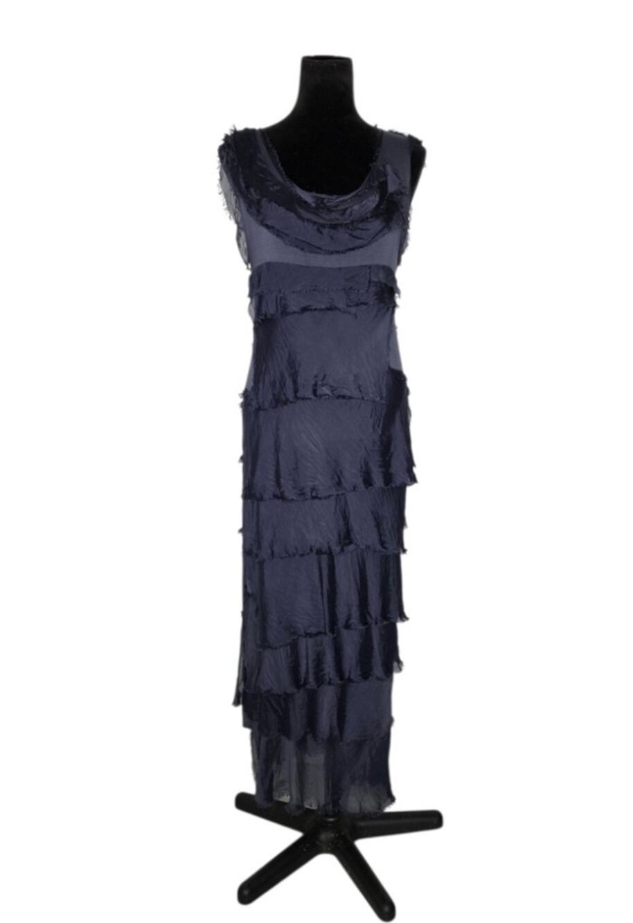 Made In Italy Silk Navy Crinkle Layered Maxi Dress OS Lagenlook Boho Artsy
